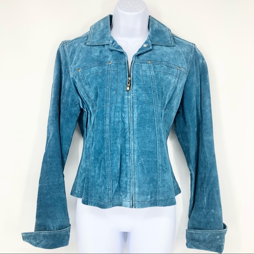 AMI Small Turquoise Blue 100% Leather Washable Suede Full Zip Collar Jacket NWT